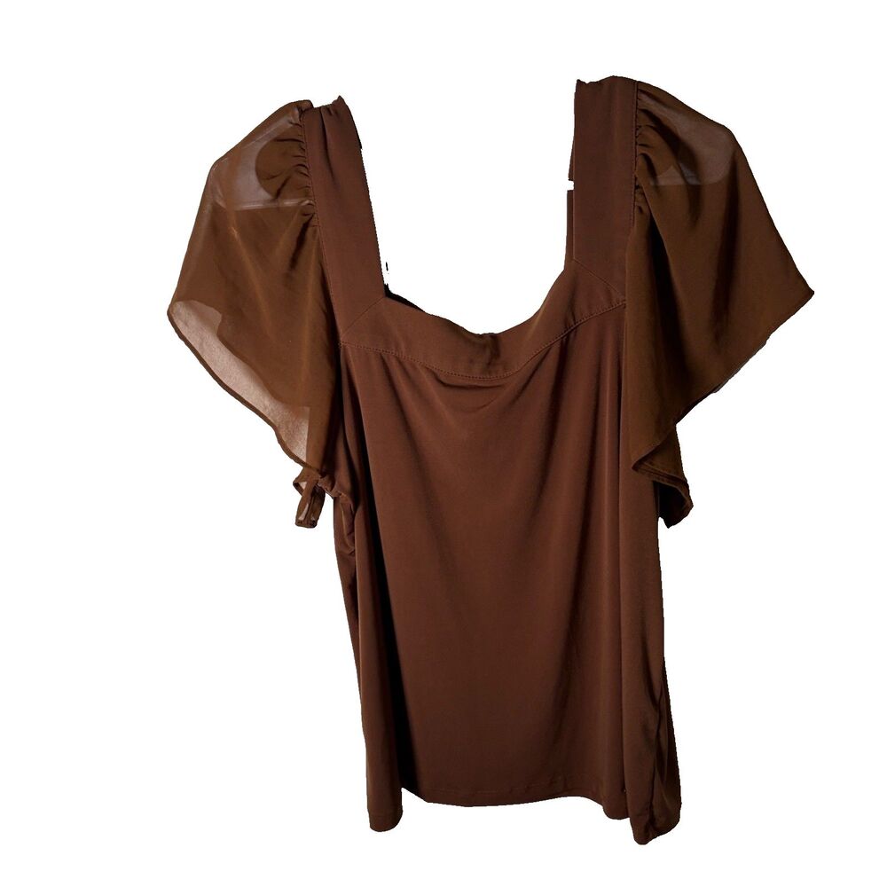 Calvin Klein Blouse Women's Large Brown Ruffle Sheer Puff Sleeve Career Square